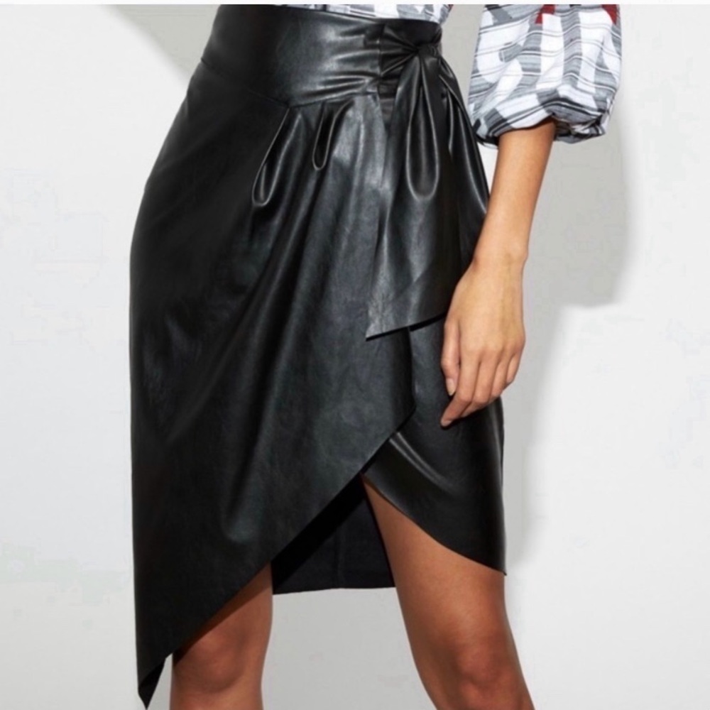 New Black Faux Leather PU Wrap Knee Length Skirt XS